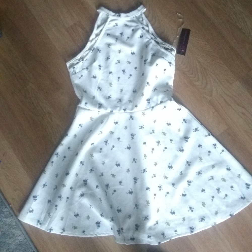 White dress with blue and green flowers